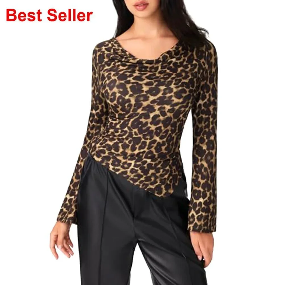 Leopard Print Long Sleeve Cowl Neck Asymmetrical Hem Slim Fit Top Women